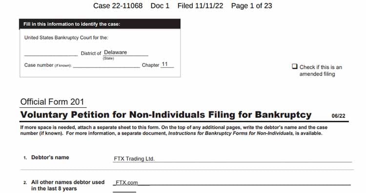 November 11, 2022 FTX bankruptcy filing in Delaware.