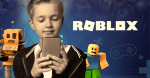 Roblox logo with warning sign symbolizing child exploitation risks and lawsuits