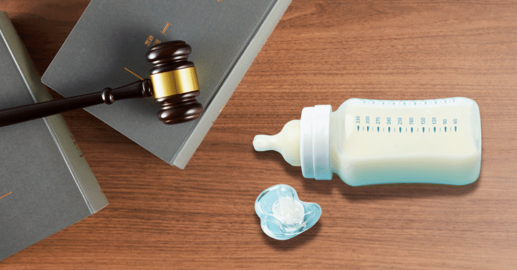 A judge’s gavel resting on legal documents beside a baby bottle and pacifier, symbolizing the Baby Formula NEC lawsuit and case filings.