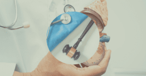 Microscopic view of bacterial biofilm on a surgical instrument alongside a sterile hospital corridor, representing hidden infection risks.