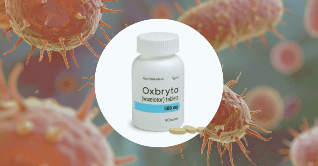 A bottle of Oxbryta medication next to a medical stethoscope, symbolizing the 2024 Pfizer recall and sickle cell patient safety concerns.