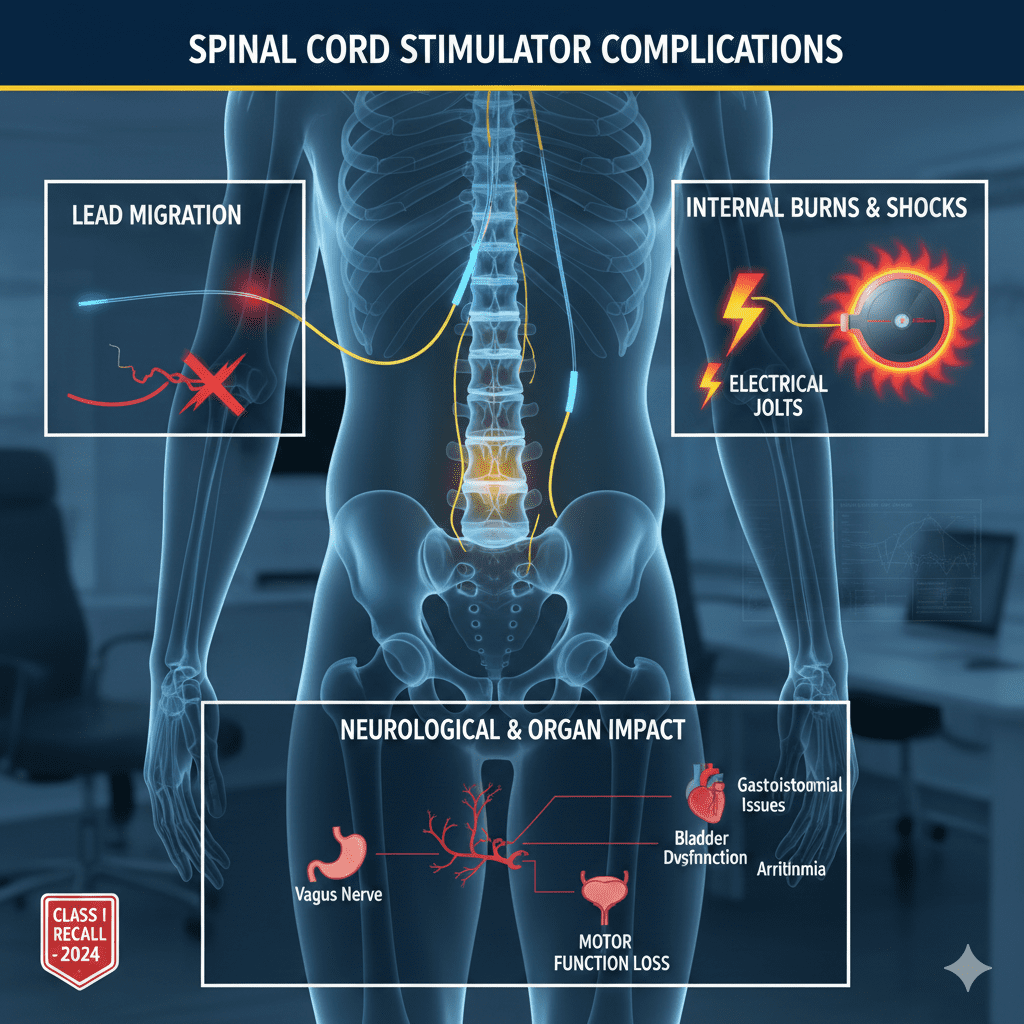 Spinal cord stimulator complications diagram showing lead migration, internal burns from battery, and vagus nerve damage for lawsuit 2026