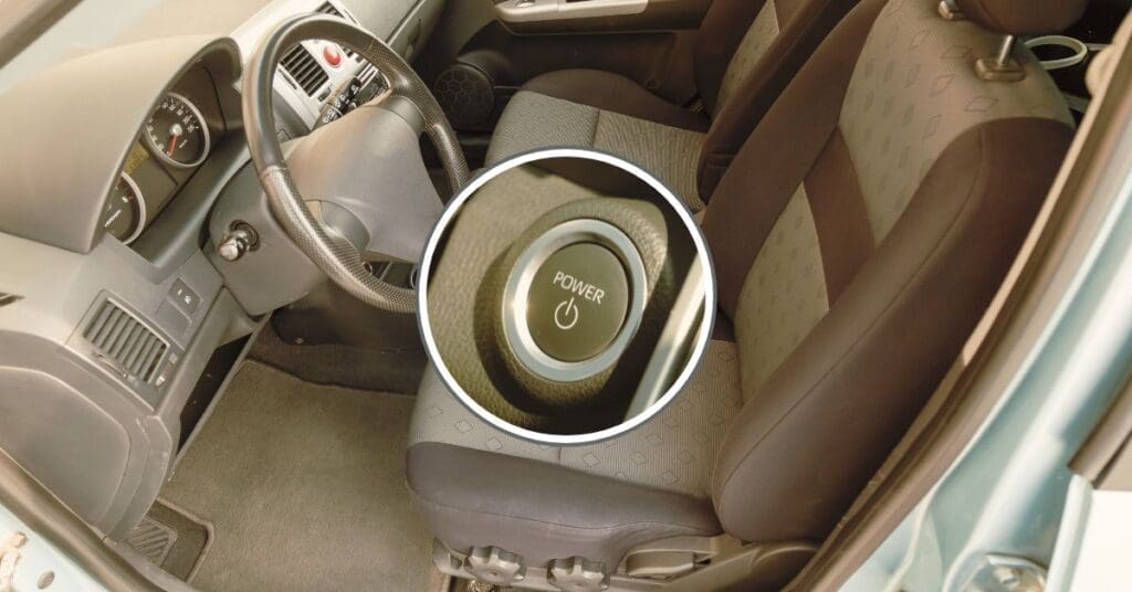 A close-up of a vehicle's push-button start ignition system, illustrating the risk of accidental carbon monoxide poisoning in keyless cars.