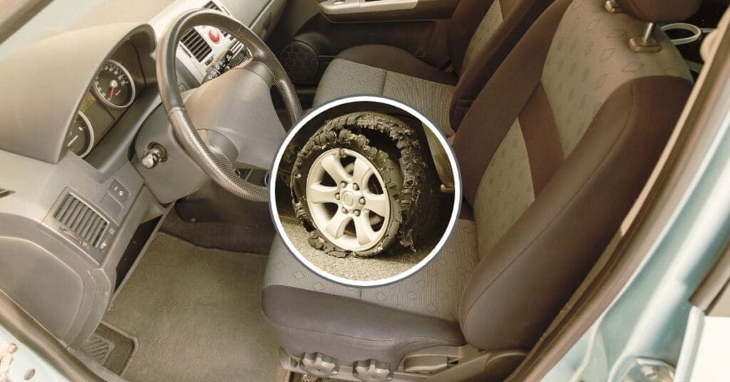 A close-up of a failed vehicle tire showing tread separation and exposed steel belts, indicating a manufacturing defect.