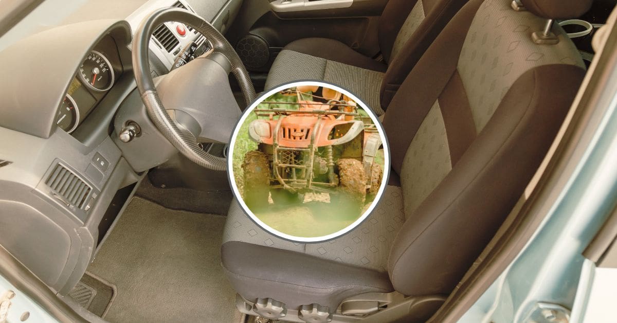 A side-by-side UTV with a collapsed roll cage after a rollover accident, illustrating a failure in the Rollover Protection System.