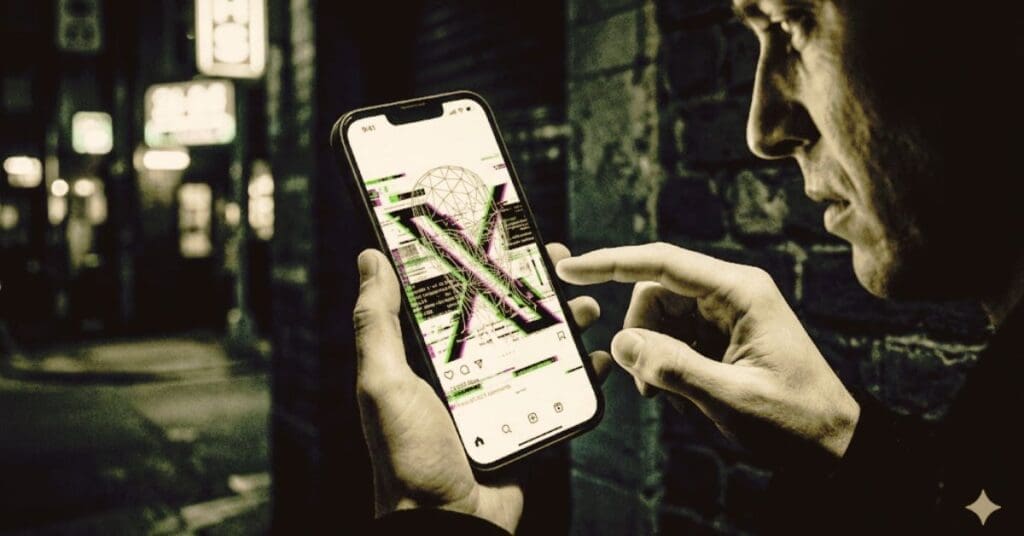 Digital glitch overlay on a smartphone with the X logo, representing AI-generated deepfakes and social media addiction litigation.