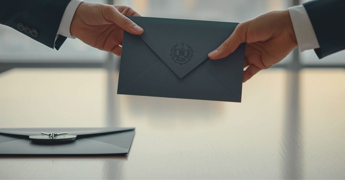 A detailed close-up shot of professional hands exchanging a dark, textured business envelope over a polished wooden desk, symbolizing the official service of legal documents in Minnesota.