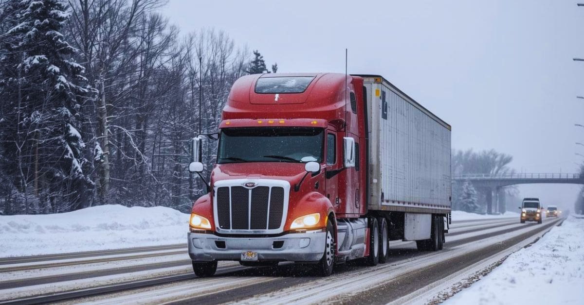 A commercial semi-truck on a snowy Minnesota highway, representing statewide trucking litigation and the heightened duty of care for professional drivers in winter conditions.