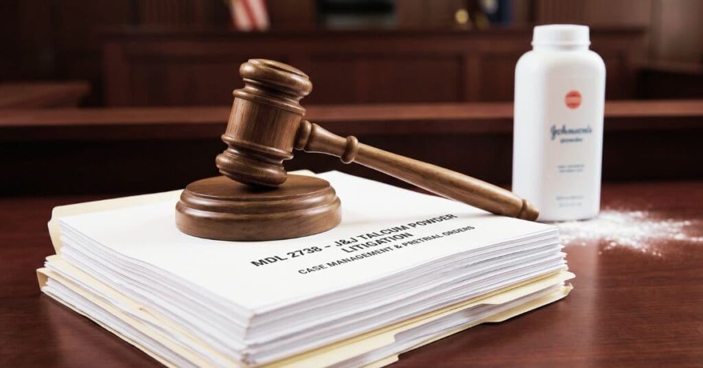 A wooden judge's gavel resting on a stack of legal documents labeled "MDL 2738 - J&J Talcum Powder Litigation," with a white bottle of baby powder in the background on a courtroom desk.