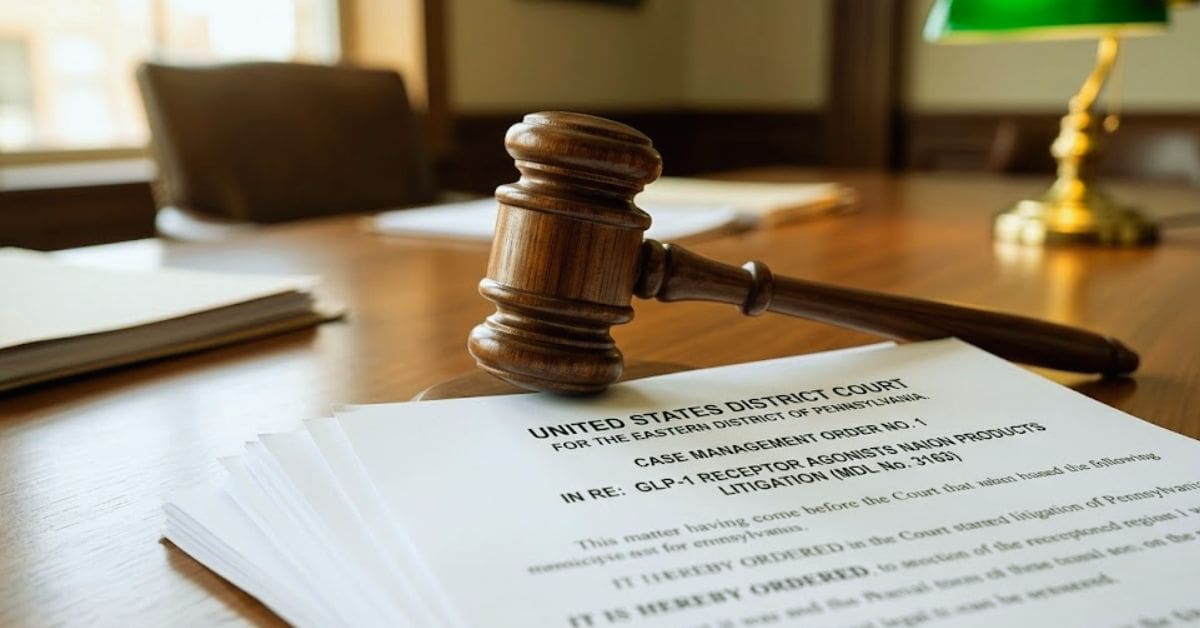 A wooden judge's gavel resting on a stack of federal court legal documents representing Case Management Orders.