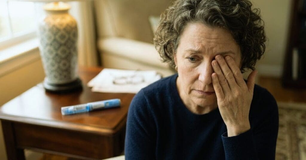 A distressed woman covering one eye experiencing sudden vision loss, with a blue GLP-1 injection pen resting on a table in the background