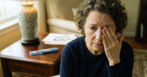 A distressed woman covering one eye experiencing sudden vision loss, with a blue GLP-1 injection pen resting on a table in the background