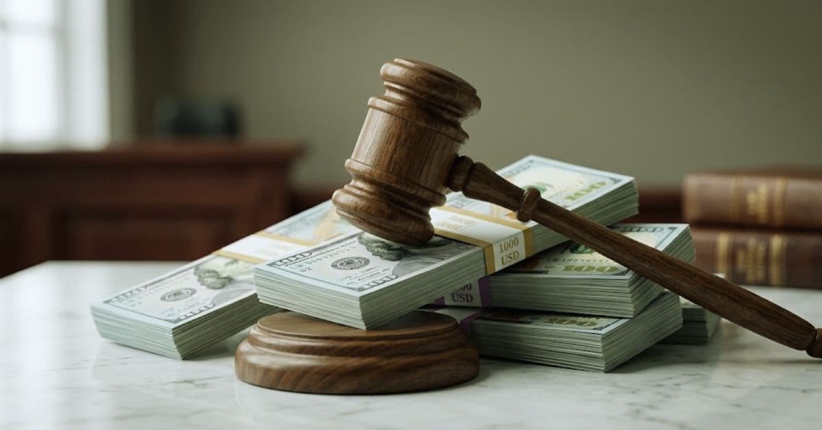 A wooden judge's gavel resting on neat stacks of US one-hundred dollar bills on a marble desk, symbolizing legal settlements and estate resolution.