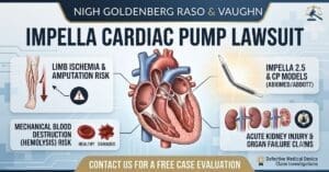Medical illustration of the heart with an Impella Cardiac Pump, highlighting limb ischemia, amputation risk, hemolysis blood destruction, and kidney failure for the Nigh Goldenberg Raso & Vaughn lawsuit page.