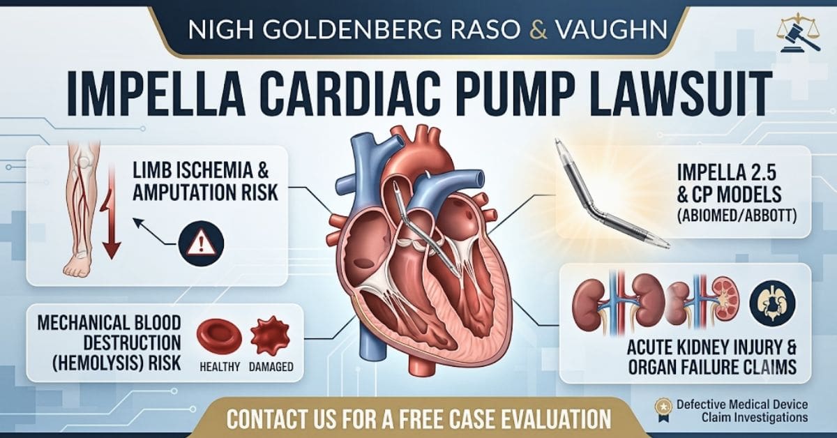 Medical illustration of the heart with an Impella Cardiac Pump, highlighting limb ischemia, amputation risk, hemolysis blood destruction, and kidney failure for the Nigh Goldenberg Raso & Vaughn lawsuit page.