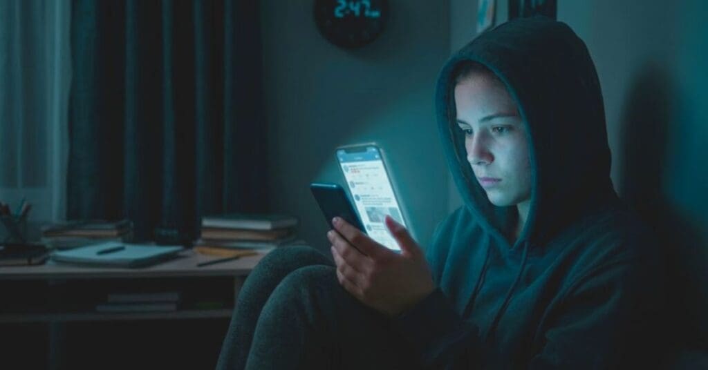 Teenager in a dark bedroom staring intently at a glowing smartphone screen, illustrating the compulsive use and sleep disruption linked to social media addiction.