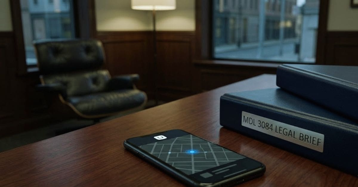 A smartphone showing a rideshare tracking map next to blue MDL 3084 legal brief binders on a wooden conference table in a law office.