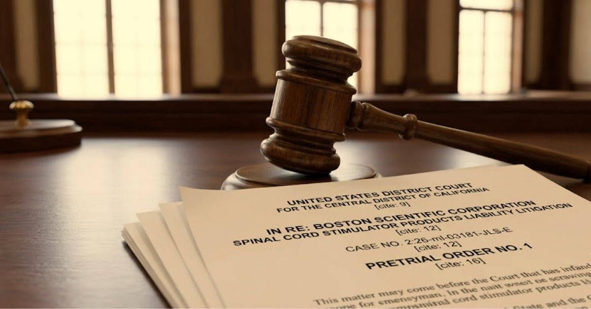 Courtroom gavel resting on a federal Pretrial Order document for the Boston Scientific Spinal Cord Stimulator Lawsuit MDL 3181.