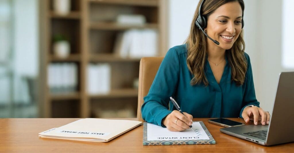A professional legal intake specialist wearing a headset, smiling while writing on a client intake form at a desk with a laptop.